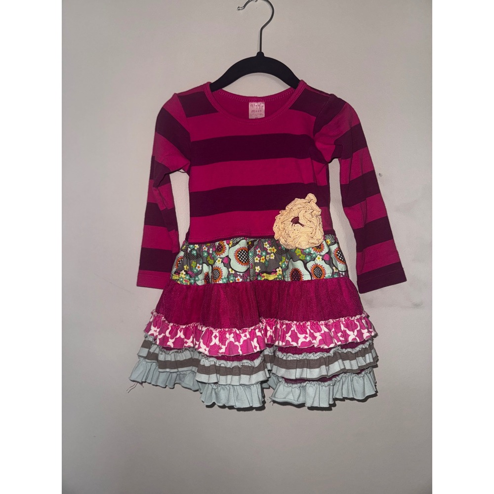 Giggle Moon Girls 2T Pink Purple Striped Ruffle Tiered Floral Flower Dress